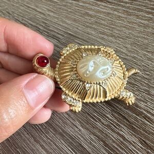 Vintage Turtle Brooch Gold Tone Big Faux Pearl Rhinestones Red Eyed Stone 2”